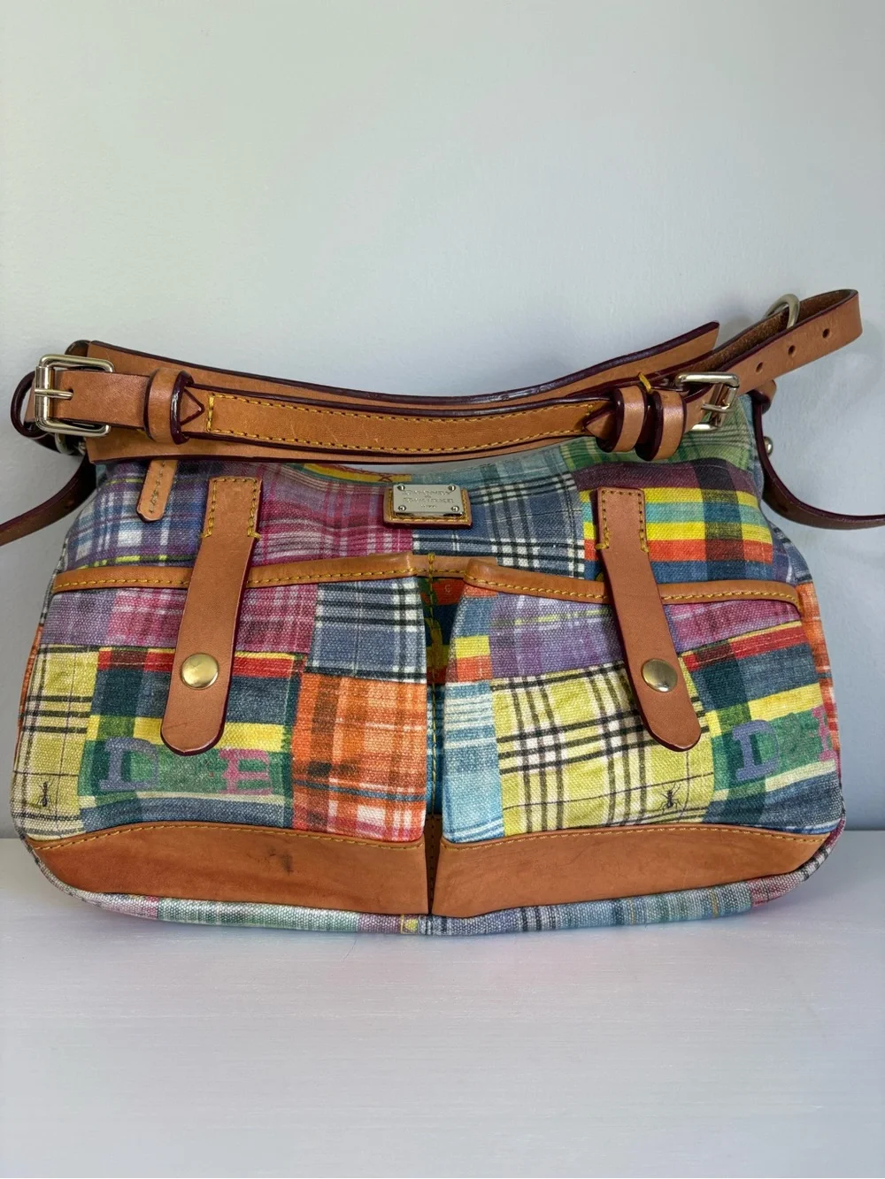 RARE Vtg Dooney & Bourke Picnic with Ants Madras Plaid Hobo Bag | Y2K Boho Chic - Picture 1 of 14